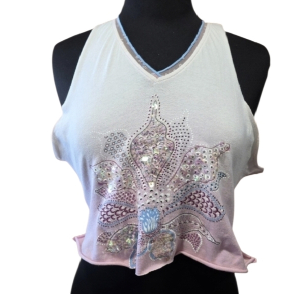 Vintage Ideology Medium Custom Cut Crop Tank Pink Lotus Sequin Embellished Top